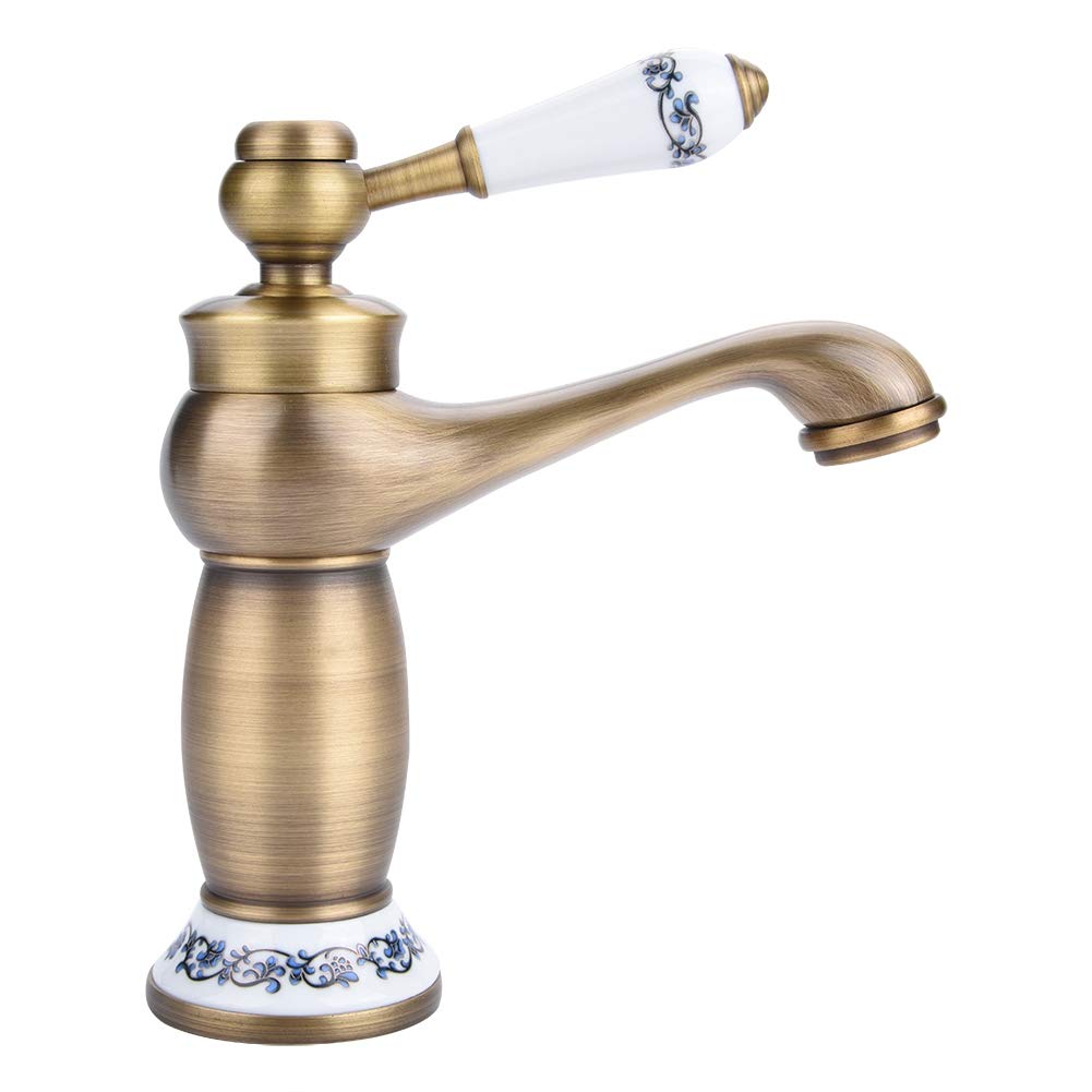 Single Handle Hot Cold Water Mixer Faucet Brass with Floral Pattern Tap for Kitchen Bathroom Sink Basin(Antique)