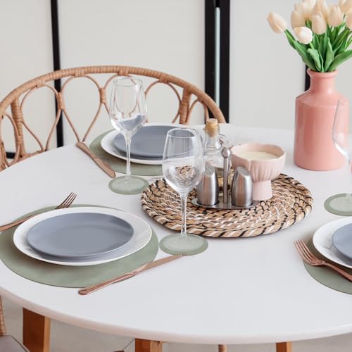 comfoyar Set of 6 American Placemats and Coasters Double Side Green White Round, Non-Slip Leather American Placemats Washable and Waterproof for Kitchen, Party Table 33 x 33 cm