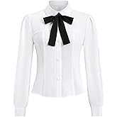 SweatyRocks Women's Puff Long Sleeve Button Down Fitted Crop Shirt Top Dressy Casual Bow Tie Elegant Blouse