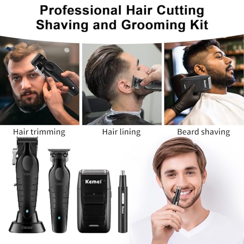 KEMEI Professional Hair Clippers for Men, Cordless Barber Razor Razor Foil Razor for Nose Eyebrow Ear Kit with 11 Guide Combs