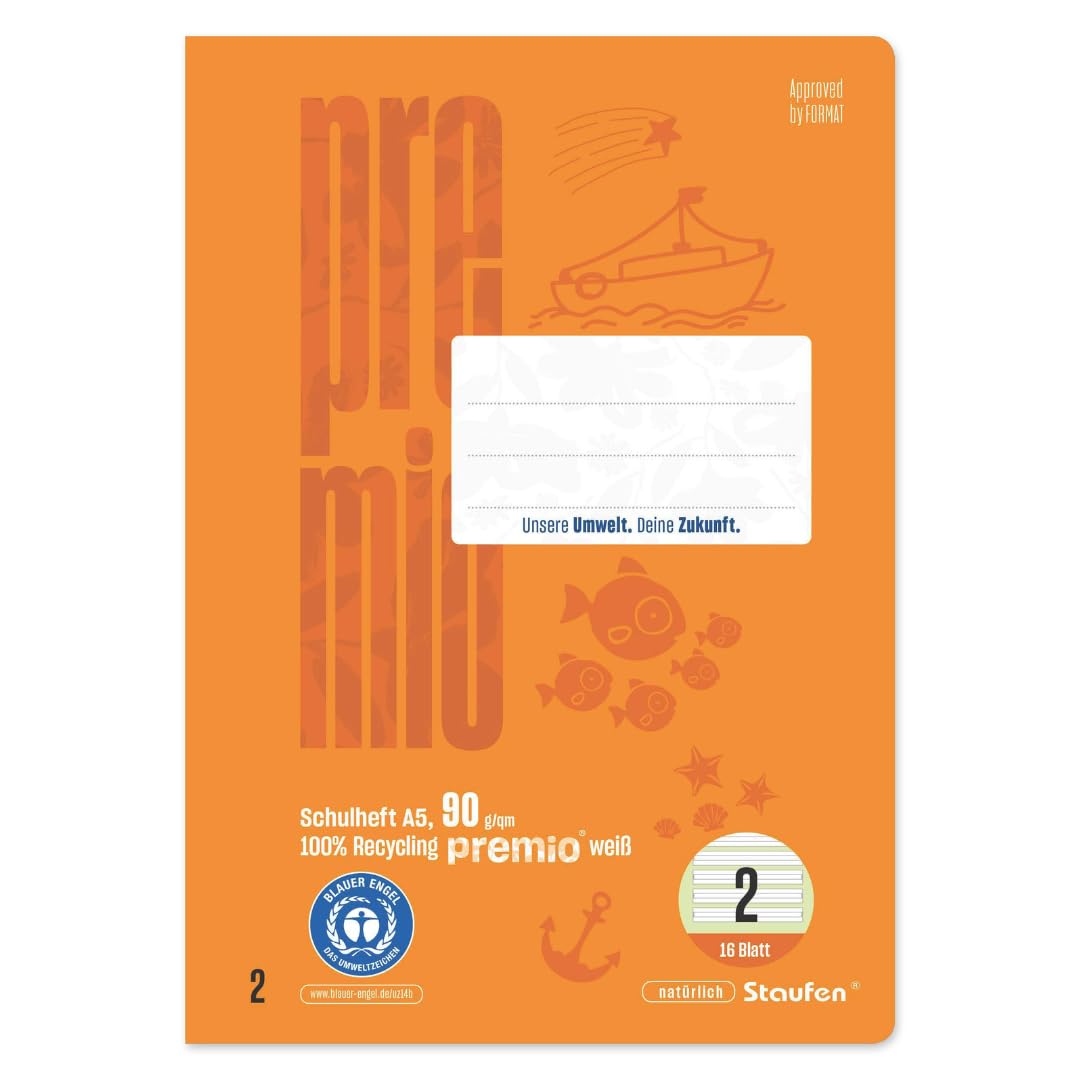 Staufen premio Learning to Write Book - 10 Notebooks 16 Sheets Each DIN A5, Line Style 2 (4/4/4 mm Lined, Coloured Lined Ruling), 90 g/m² Recycled Paper, Round Corners Prevent "Donkey Ears"