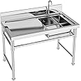 304 Stainless Steel Prep & Utility Sink Single Bowl Commercial Kitchen Sink w/Workbench, Free Standing Outdoor Sink (Single Bowl, H 3" Baffle)