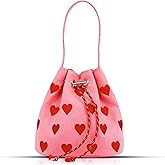 Canvas Tote Bag, Crossbody Bags for Women, Pink Heart Embroidery Drawstring Bucket Bag, Cute Handbags, Shoulder Bag Suitable for Vacation, Travel, Daily