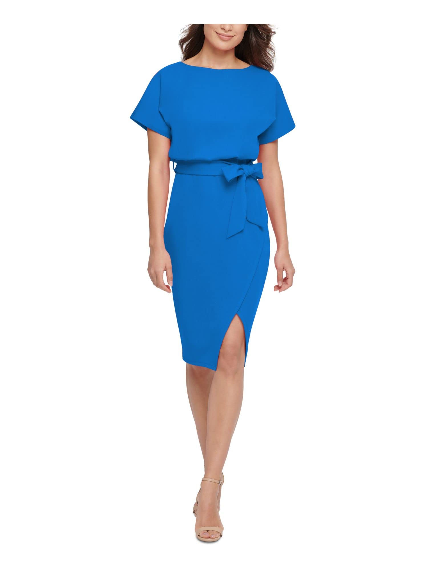 Kensie Women’s Short Sleeve Tie Waist Midi Dress, Blue, 12