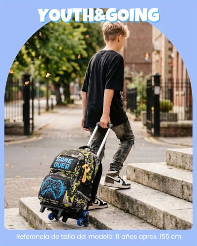 Amythe Backpack with Wheels for Boys Luminous 8-12 Years, School Trolley 6 Wheels with Removable Trolley, Teenagers Backpack for Back to School Elementary School ESO Institute – PC 15.6", lemon tree
