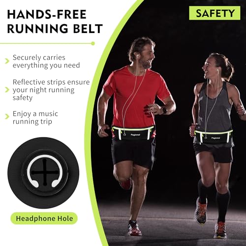 PEGINMOL Running Belt for Mobile Phone, Running Bag Jogging Waterproof Runner Waist Bag for Men and Women with 3 Pockets, Large Capacity Sports Belt, Adjustable Running Belt for Running (Black + Green)