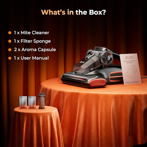 JIGOO T600 Anti-dust Vacuum Cleaner for Mattresses with UV Light and Vibration, 700W 15kpa Eliminates 99.9%, LED Display, 5s Fast Heating Dust Collector, Silent Design 72dB without Noise