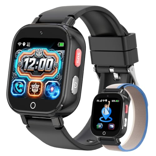 Transformers Montre GPS Enfant avec 4G Appel Vidéo, GPS, SOS, Chat Vocal, IP68 Étanche, Mode École, Podomètre, Réveil, Chronomètre, Montre Telephone pour Garçons et Filles de 4 à 12 Ans Cadeau, Noir
