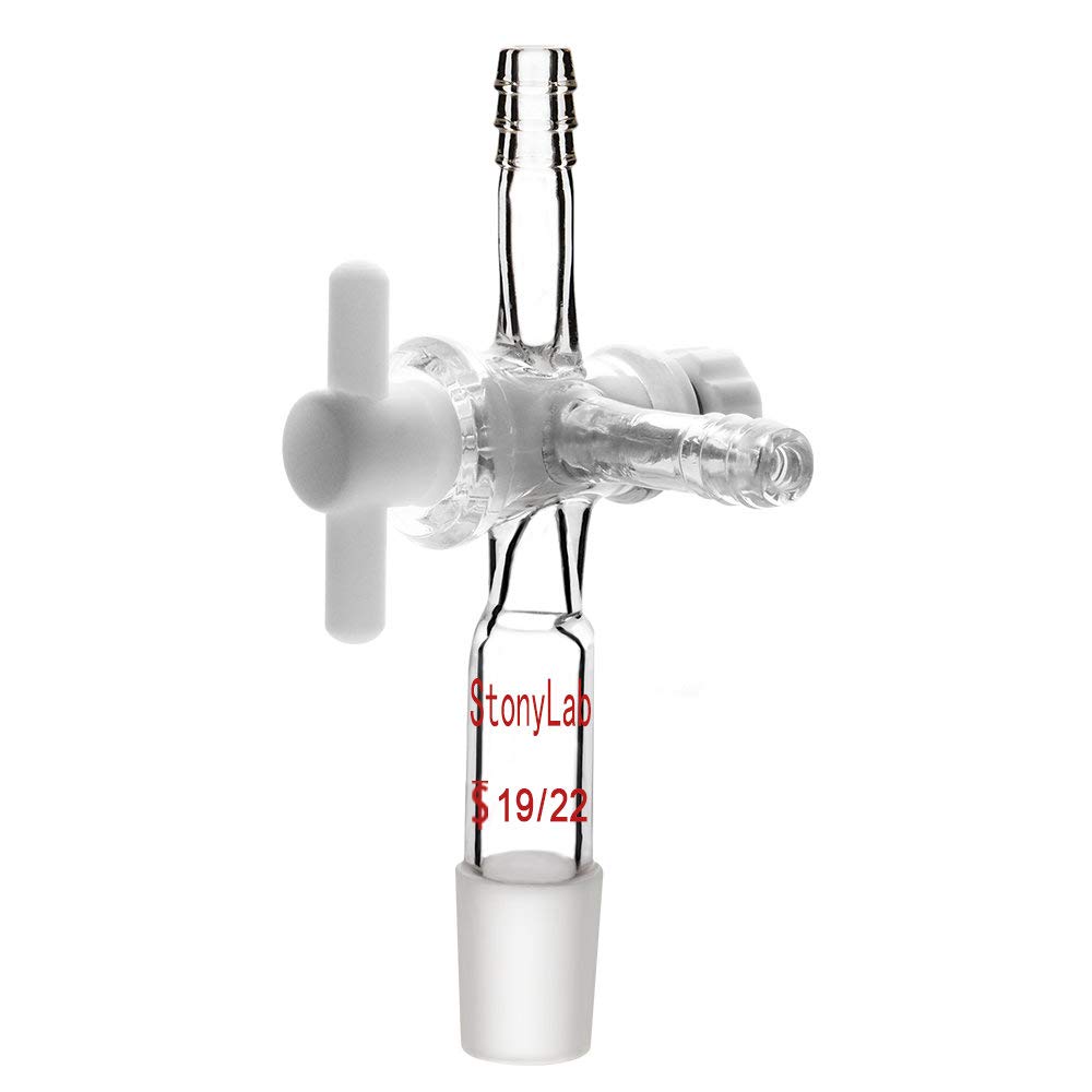 StonyLab Vacuum Glass 3-Way Flow Control Adapter, Borosilicate Glass Adapter with Standard 19/22 Taper Joint and PTFE Stopcock for Laboratory