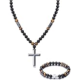 Jovivi 8mm Black Onyx Hematite and Tiger Eye Beaded Necklace with Cross Bracelet Set Triple Protection Religious Jewelry for Anxiety Relief