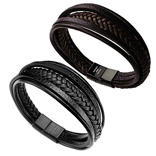 murtoo Mens Leather Bracelet with Clasp Cowhide Multi-Layer Braided Leather Mens Bracelet