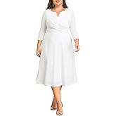 Plus Size Wedding Guest Dress - Church Midi Fall Semi Formal 3/4 Sleeve V Neck A-line Dress for Women 2025