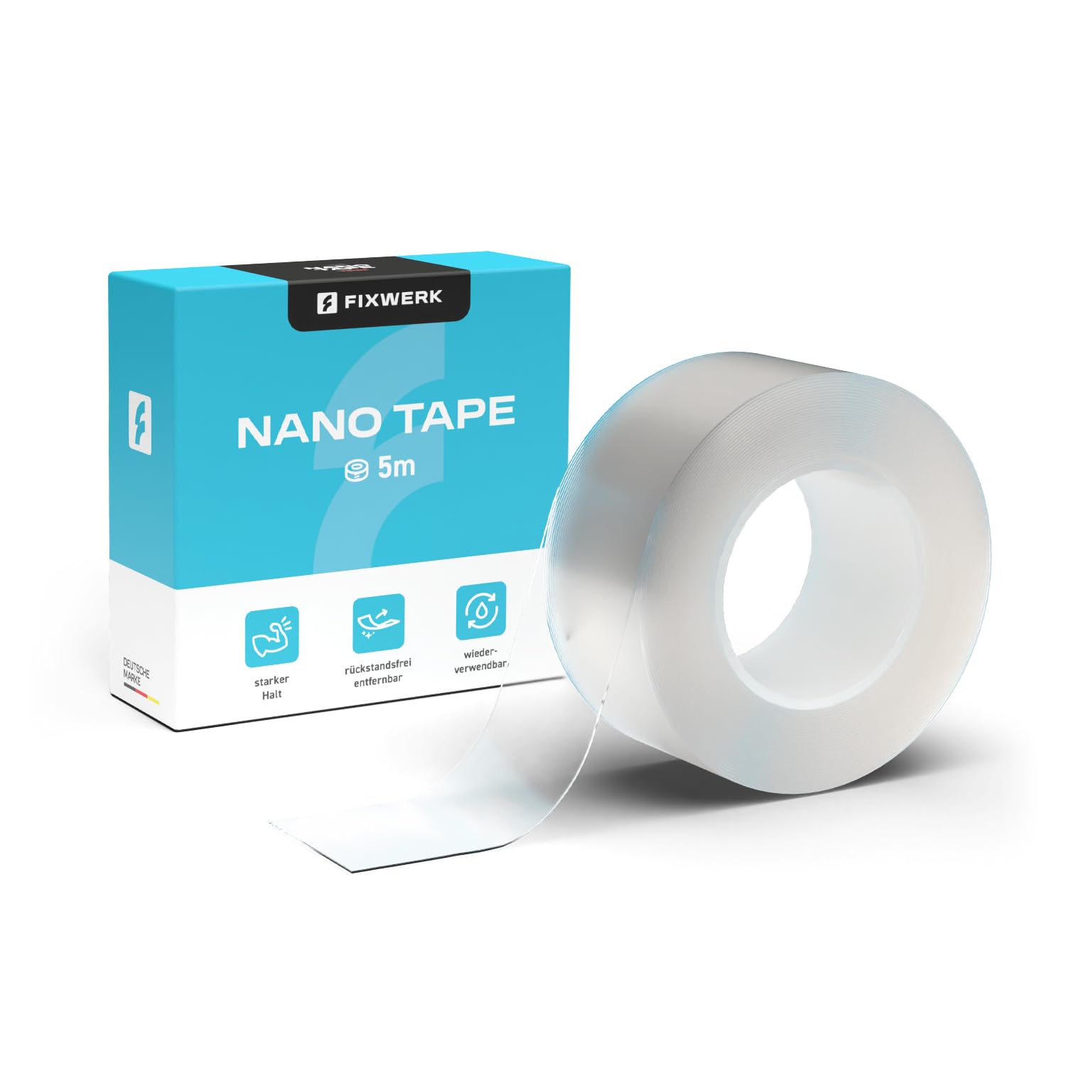 FIXWERK Single-sided nano tape, single-sided tape, extra strong, removable tape, washable and reusable, transparent, 3 cm x 5 m x 0.5 mm