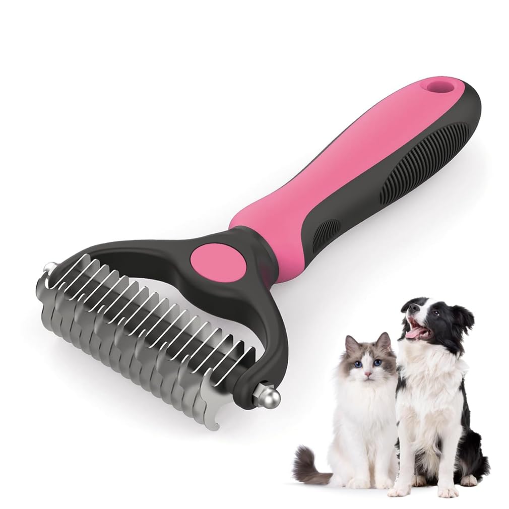 2-in-1 Dog Brush - Pet Grooming Tool, Dematting Dog Comb, Large Deshedding Tool, 2 Sided Undercoat Rake, Cat Dog Matted Fur Remover for Pets Dogs and Cats with Long Hair (Rose Red)