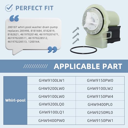 AMI PARTS 280187 8181684 Washer Drain Pump Motor Askoll m75 Fit for Whirlpool Duet May.tag Ken.more Washing Machines Replaces 285998,8182819,8182821,AP3953640
