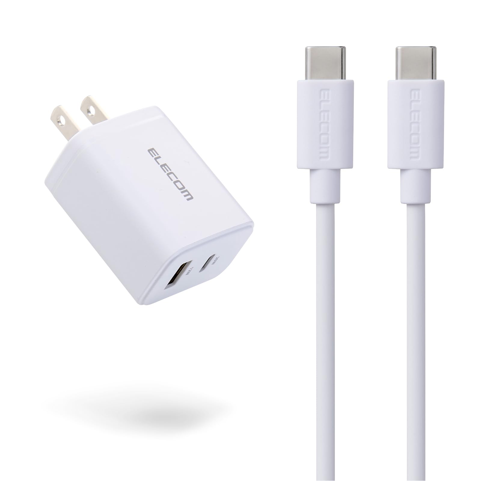 エレコム 充電器 20W 2ポート USB-C USB-A USB PD対応 急速充電 Type-Cケーブル付属 1.5m GaN II 窒化ガリウム 薄型 コンパクト PSE認証 iPhone iPad Android対応 ホワイト EC-AC12620WH