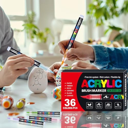 36 Color Acrylic Paint Pens, Soft Brush Tip Acrylic Paint Markers,Quick-Drying Waterproof Acrylic Markers for Canvas, Rock Painting, Wood, Stone, Glass, Ceramic, Fabric Painting, DIY Crafts