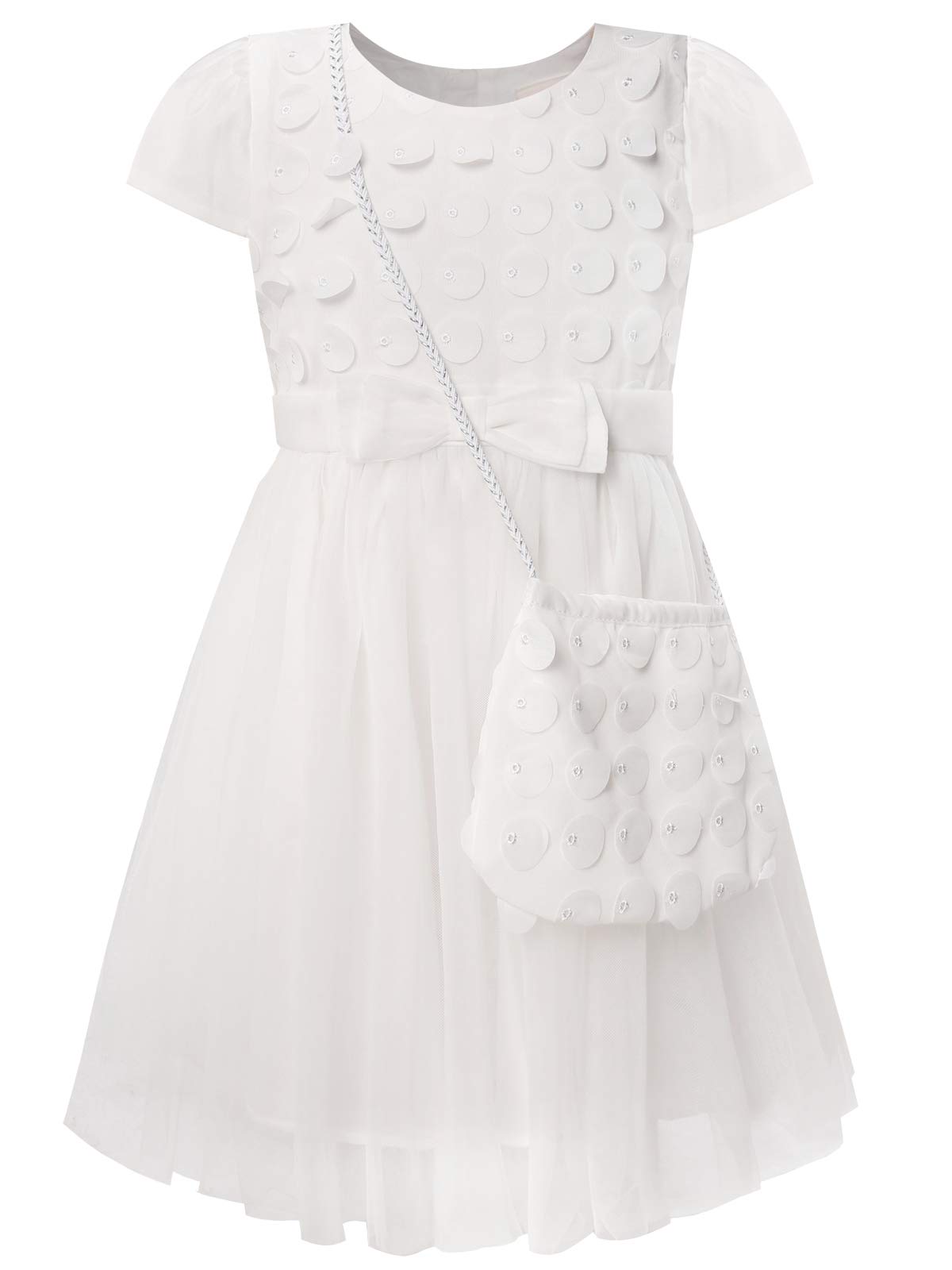 BONNY BILLY Girls Circle Applique Christening Wedding Party Occasion Tulle Dress with Bag 4-5 Years White