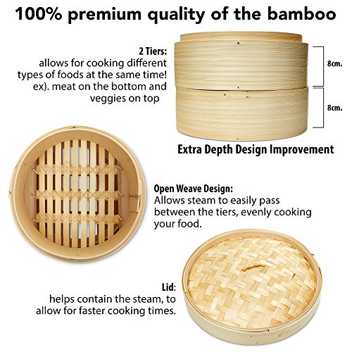 Premium 10 Inch Handmade Bamboo Steamer Two Tier EXTRA DEPTH Baskets Dim Sum Dumpling & Bao