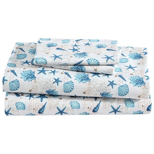 Beatrice Home Fashions Coastal Print Microfiber Sheet Set, Soft, Comfy, 12 Deep Pockets, Queen, Shell Notes