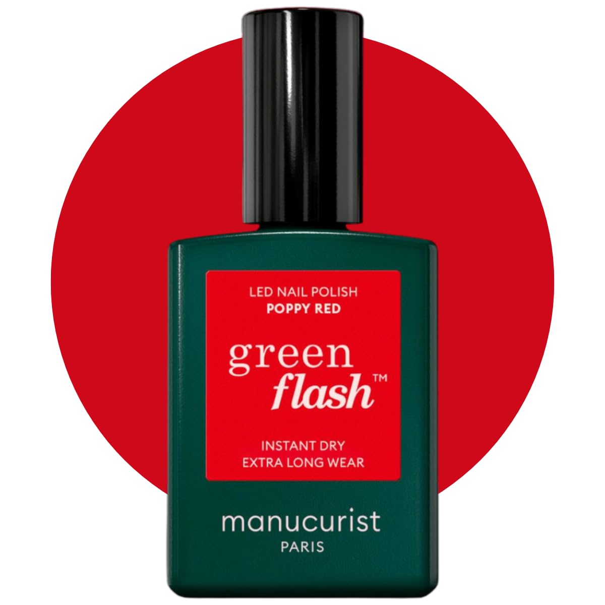 Manucurist Green Flash LED Poppy Red Gel Nail Polish - Vegan, 12-Free, Plant-Based - Strengthens and Protects the Nail - Bright Orangey Red UV Gel Polish - Made in France