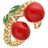 NewZenro Cute Red Enamel Cherry Chain Ring for Women 14k Gold Plated Charm Lovely Sweet Food Fruit Statement Adjustable Open Band Finger Ring Comfort Fit Jewelry for Her