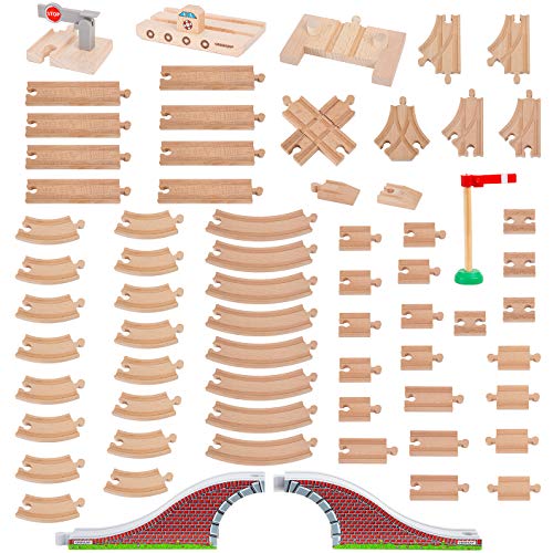 Orbrium 68 Pcs Wooden Train Track Expansion Pack with Arched Bridge, Engine Barge, Dock, Stop & Go Checkpoint, Signal Pole, Cross Track – Compatible with Thomas, Brio Wooden Railways