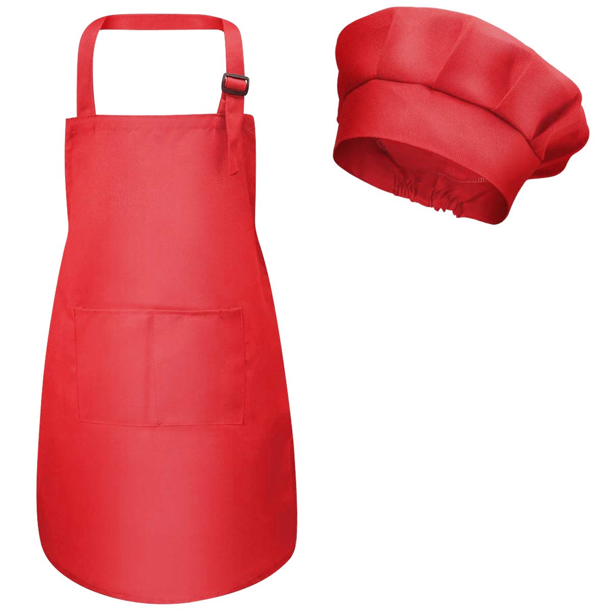 Kids Apron and Chef Hat Set, Adjustable Children Chefs Apron with Pockets for Boys Girls, Toddler Kitchen Garden Bib Aprons for Cooking Baking Painting Crafting Wear (M for 3-6 Age) (Red)