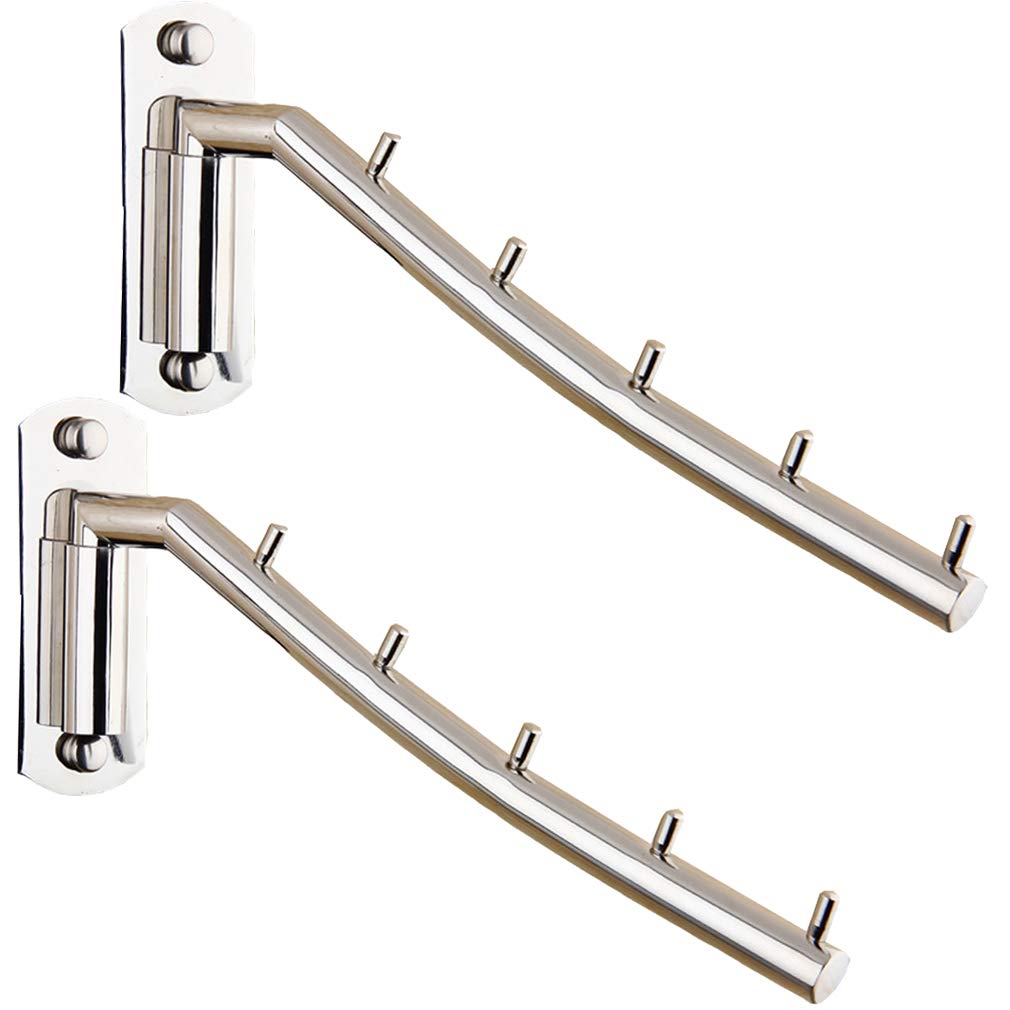 TEERFU 2 Pack Wall Mounted Stainless Steel Coat Rack Hooks，5 Hooks Folding Swing Arm Clothes Holder,Durable Coat Hanger Rack Clothes Rail