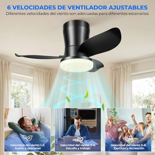Ventilador De Techo Modernos De 26 Pulgadas, Ventilador De Techo Con Luz Led Y Control Remoto, Lampara Ventilador Silencioso De 3 Aspas Para Interior/exterior Con 3cct 6 Velocidades (Negro)