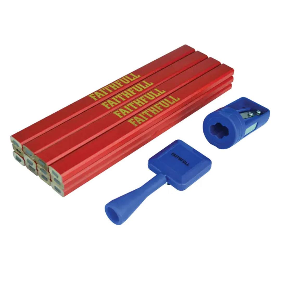 Faithfull Carpenters Pencil Kit 12 Pack with Pencil Sharpener & Holder - Medium (Red)