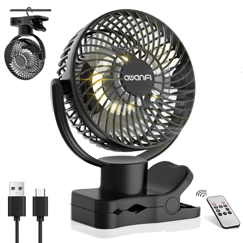 AWANFI 10000mAh Ventilador USB, Portátil Clip-on Fan, Recargable Ventilador con Mando a Distancia, Luz LED, Oscilación, Mini Ventilador de Mesa para Camping, Oficina, Habitacion, Cochecito