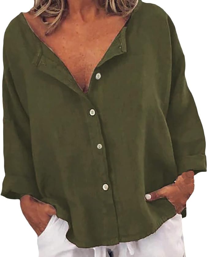 Leinenhemd Damen Aus Baumwolle & Leinen - V-Ausschnitt Langarm Bluse Casual