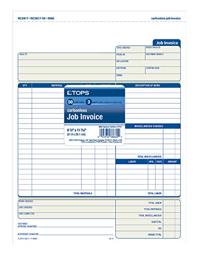 TOPS Job Invoice with Materials List, 3-Part, Carbonless, 8.5 x 11 ...