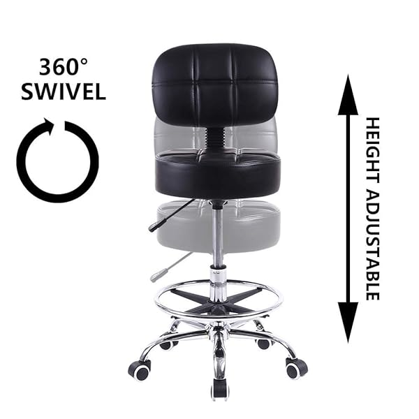 KKTONER SWIVEL ROUND ROLLING STOOL PU LEATHER WITH ADJUSTABLE FOOT REST HEIGHT ADJUSTABLE TASK WORK DRAFTING CHAIR WITH BACK (BLACK)
