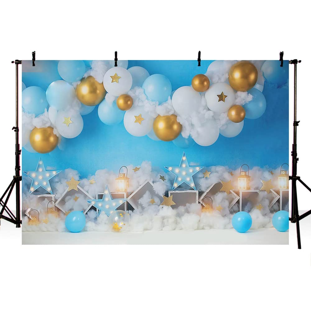 MEHOFOND 8x6ft Boy Birthday Backdrop for Photos Newborn Photography Props White Cloud Balloon Star Blue Background Decor Cake Smash Kids Party Banner Photoshoot Studio Booth
