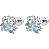 20g Cute Blue CZ Crab Flat Screw Back Small Stud Earrings for Women Titanium Steel Sparkly Crystal Ocean Animals Cartilage Tragus Piercing Little Studs Summer Holiday Jewelry for Daughter Xmas