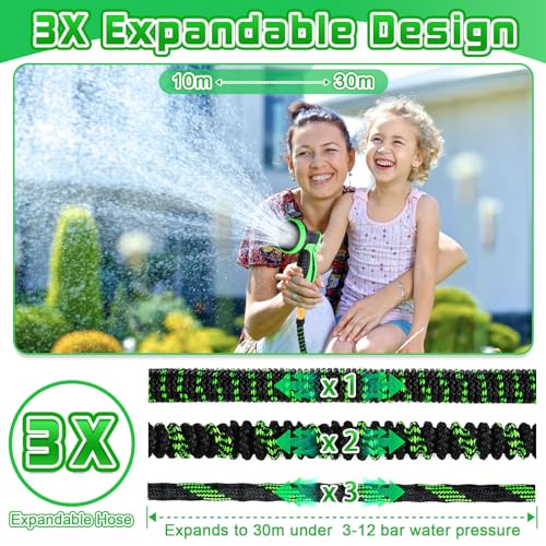 Expandable Garden Hose Pipe 100ft 30m, Upgraded Expanding Water Hose with 10 Pattern Spray Nozzle, 3/4" 1/2" Hose Connectors, Magic Flexible Hose Anti-Kink Durable Hosepipes for Gardening Pet Bathing