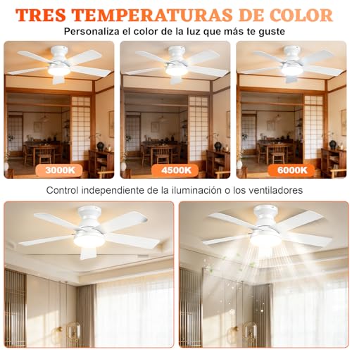Ventilador de Techo con Luz de 42 Inch/107cm, Montaje Empotrado con Control Remoto, Silencioso de 5 Aspas, 3cct+6 Velocidades, Motor Reversible, Blanco