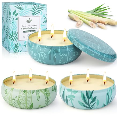 Citronella Candles Outdoor Large-3x12OZ Garden Citronella Candle Long Burn | 3 Wick Lemongrass Candles for Indoor Outdoor, 200Hours Natural Soy Wax Candle Set for Garden Backyard Camping Summer Vacation