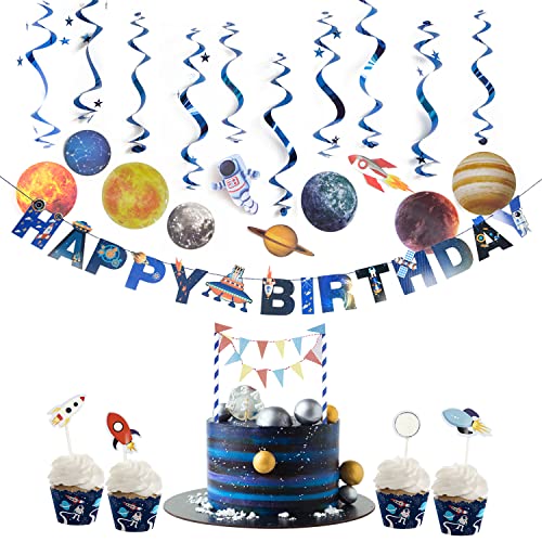 Solar System Party Decoration Happy Birthday Banner Outer Space Hanging Swirls with Cake
