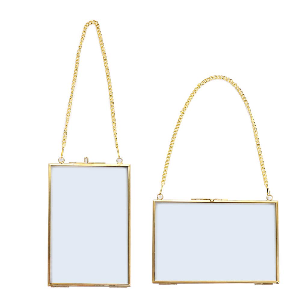 SUMTree Set of 2 Golden Glass Hanging Photo Picture Display Frame, Floating Glass Picture Frame with Chain for Family Tree Mini Photo, Pressed Flower, collage, etc, 4 * 6 inch