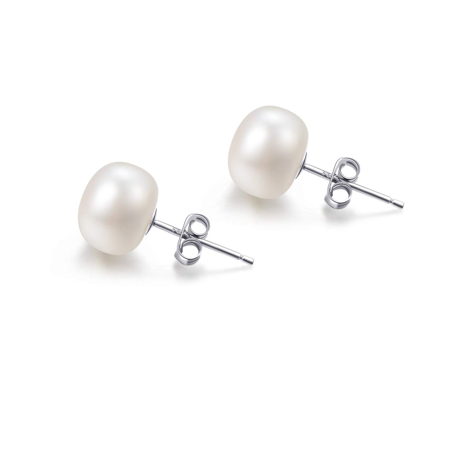 8MM White Pearl Earrings Genuine 925 Sterling Silver Button Freshwater Cultured Pearl Stud Earrings