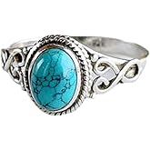 Yuren Vintage Women's 925 Sterling Silver Ring Oval Cut Natural Bohemia Turquoise Jewelry Turquoise Moonstone Ring Wedding Jewelry Size 6-10 (US code 11)