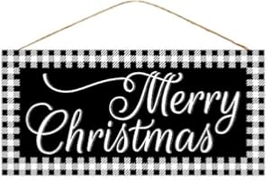 CRAIG BACHMAN 12 Wooden Sign: Black/White Merry Christmas Wood Sign - Black and White Buffalo Check Christmas Sign for Wall or Door