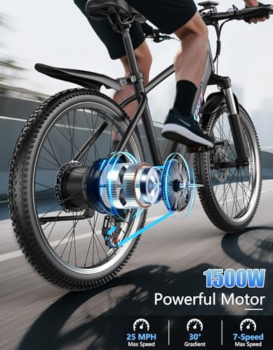 Electric Bike for Adults, 1500W Peak E-Bike, 40KM/H 105 KM Long Range, 26" Electric Bicycle with 48V 12Ah Removable Battery, Lightweight Ebike for Mountain City Trail, 7 Speeds, Front Suspension