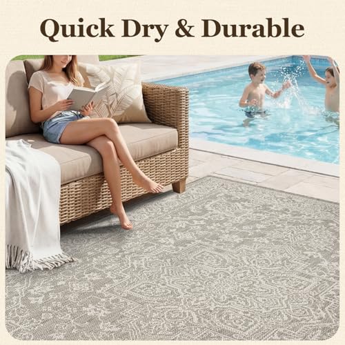 Outdoor Rug-Patio Rug Polypropylene Indoor Outdoor Carpet 7.9x10ft Porch Balcony Carpets Garden Deck Mat Easy Clean Non Slip Light Weight Vintage Outdoor Area Rug Retro Grey