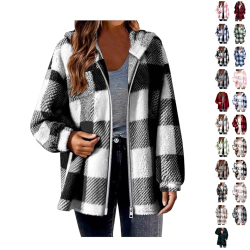 Women's Outerwear Fleece Jackets Women Comfortable Plus Size Tartan Coats Soft Plush Fluffy Hoodies Casual Zipper Pockets Long Sleeve Jacket Loose Think Tops Warm Coat Zip Fleece Black 3XL