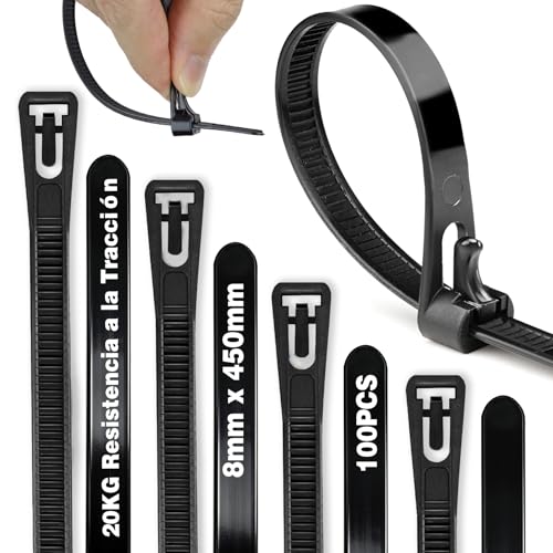 Bridas Plastico Reutilizables Negras, 100 Piezas 450mmx8mm, Zip Ties Resistencia a la Tracción de 20kg, Cable Ties Resistentes a los Rayos UV para Interiores y Exteriores,Gestión de Cables