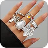 Decixde Chunky Gold Silver Rings Set for Women Vintage Knuckle Statement Rings Stacking Flower Crystal Baroque Pearl Ring Adjustable Open Band Ring Statement Jewelry Gifts